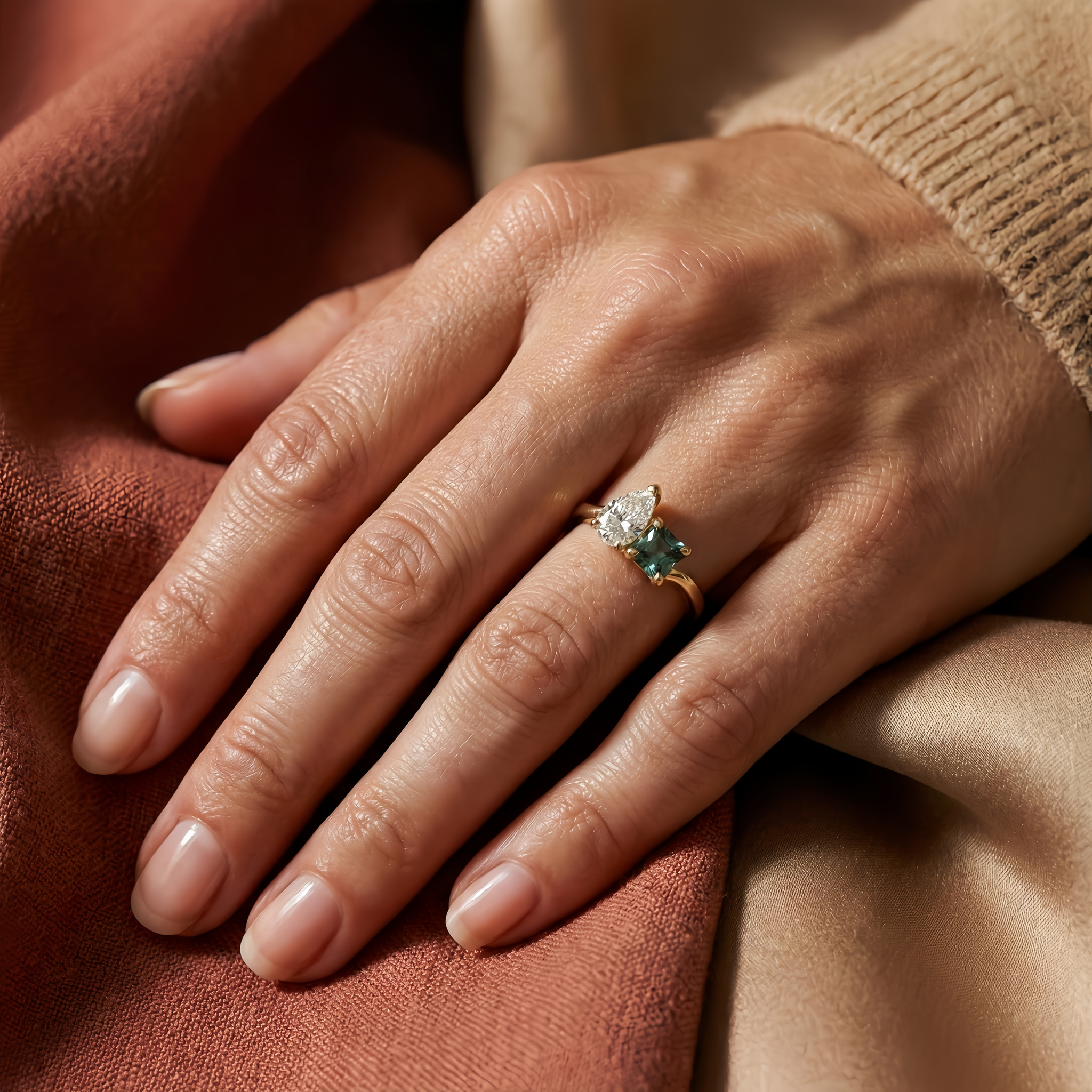 Lia Fáil teal square-cut and colorless pear-cut diamond Toi et Moi engagement ring on hand
