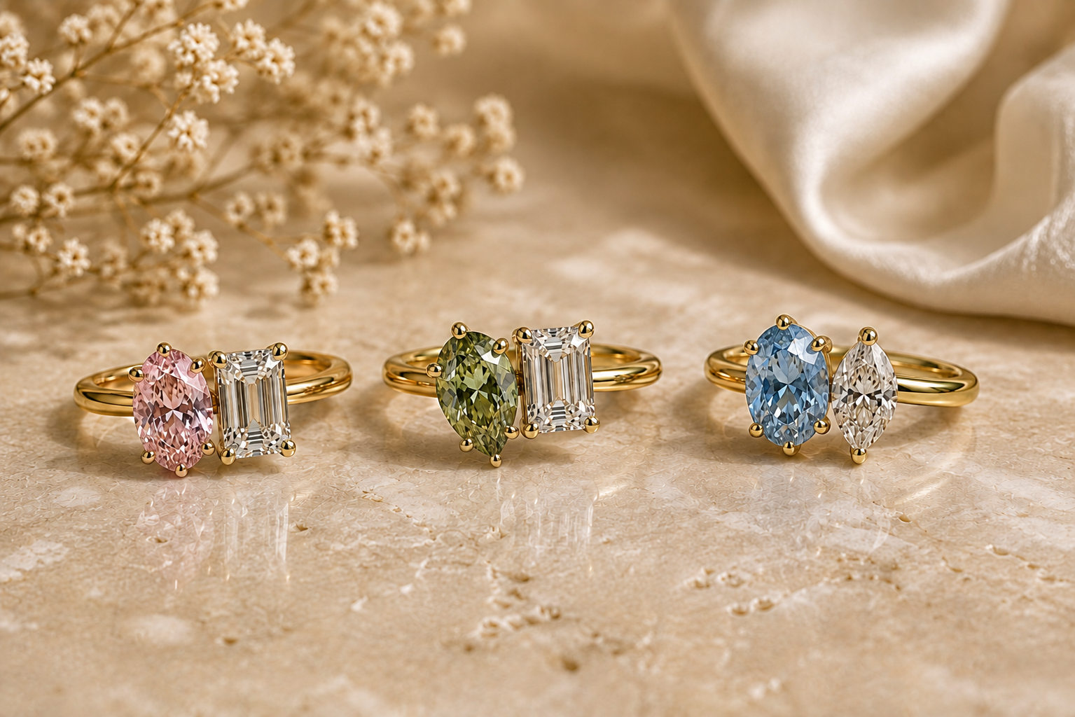 Three Lia Fáil Toi et Moi rings featuring pink, green, blue and colorless diamonds