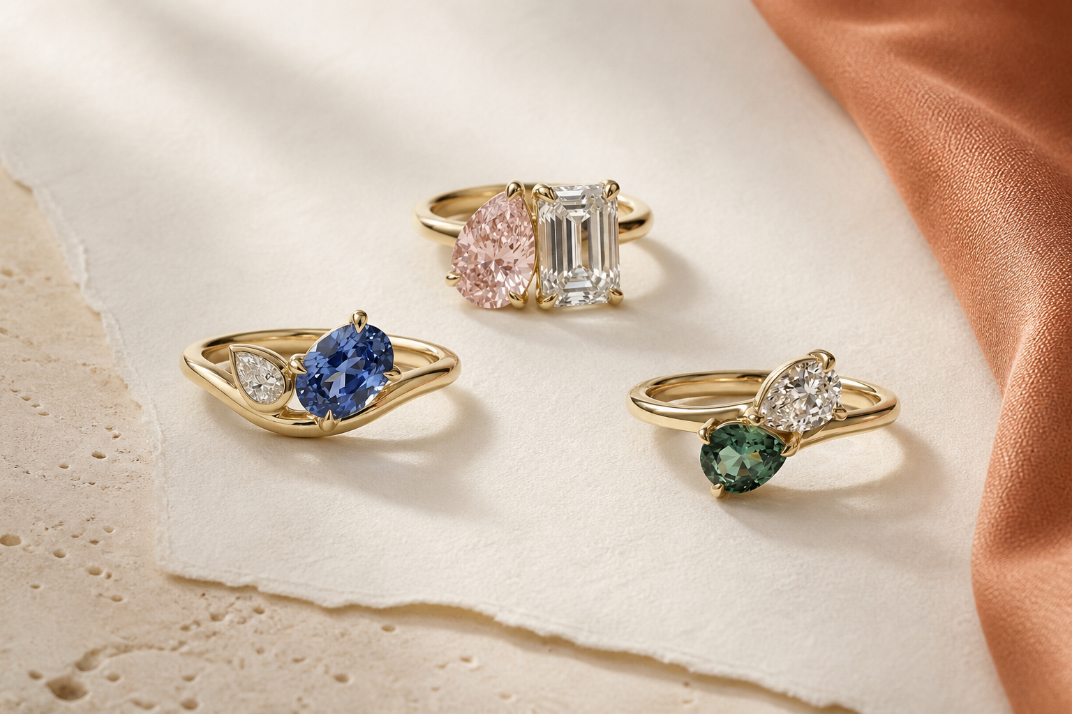 Lab-grown colored diamond Toi et Moi engagement ring on hand