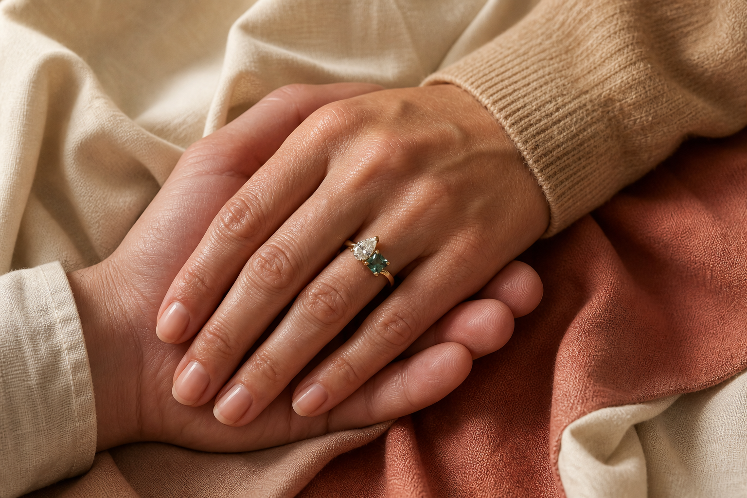 Lia Fáil teal square-cut and colorless pear-cut two-stone diamond engagement ring held between two hands