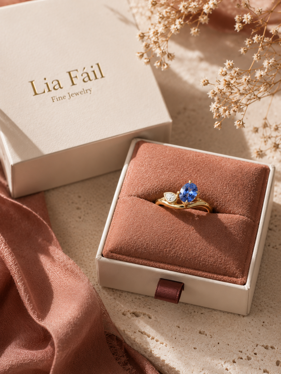 Lia Fáil blue and colorless two stone diamond ring presented in a gift box