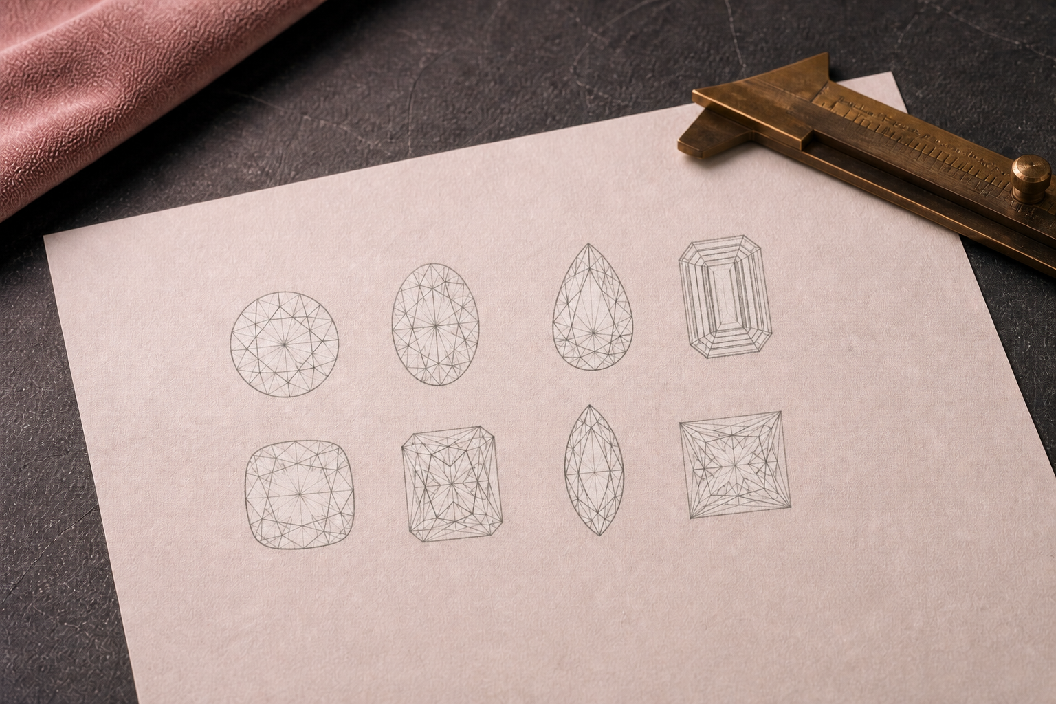 Hand drawn studies of round, oval, pear, emerald, cushion, radiant, marquise and princess diamond cuts