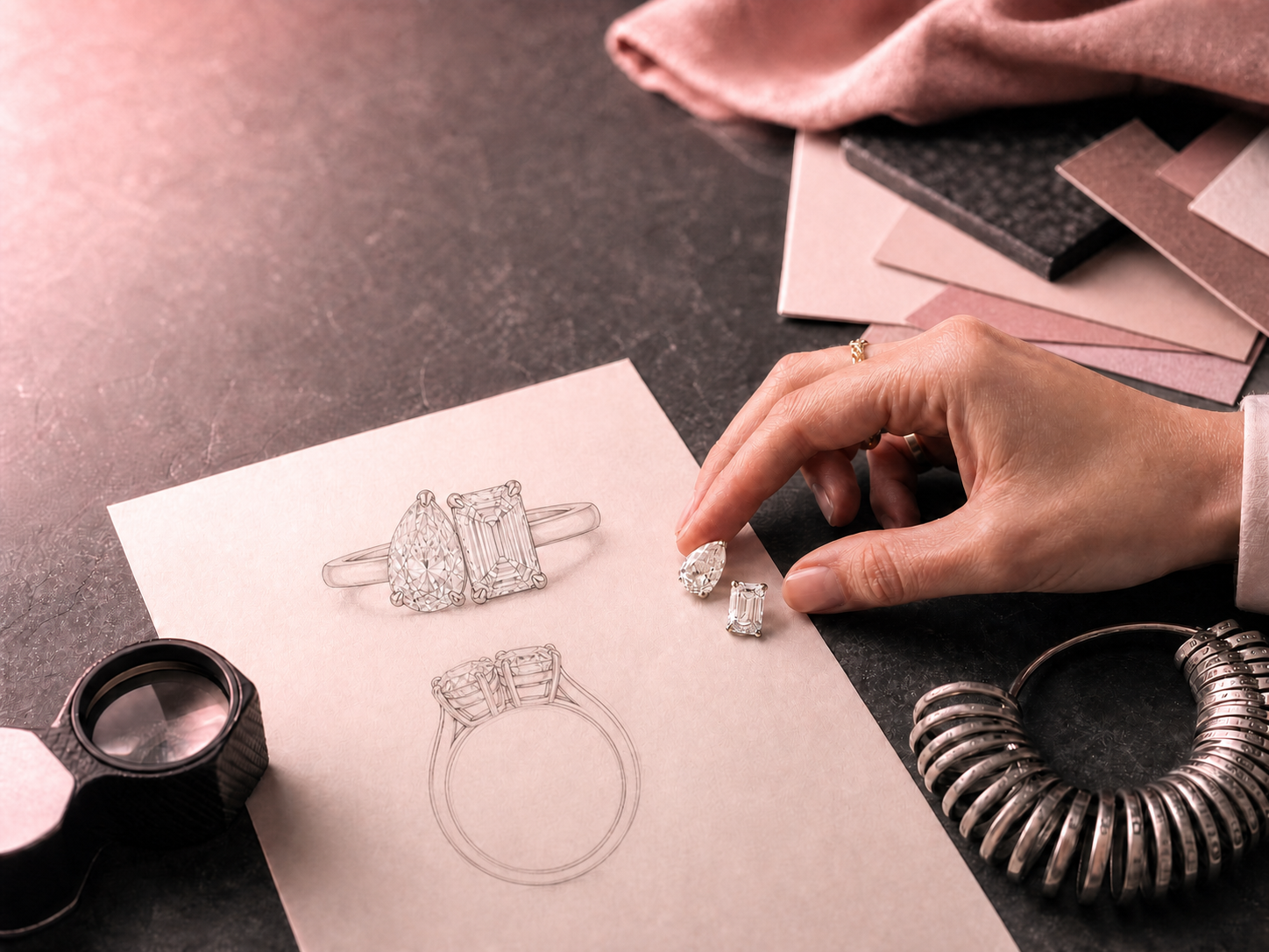 Custom Toi et Moi ring consultation with classic pear and emerald-cut diamond ring sketches