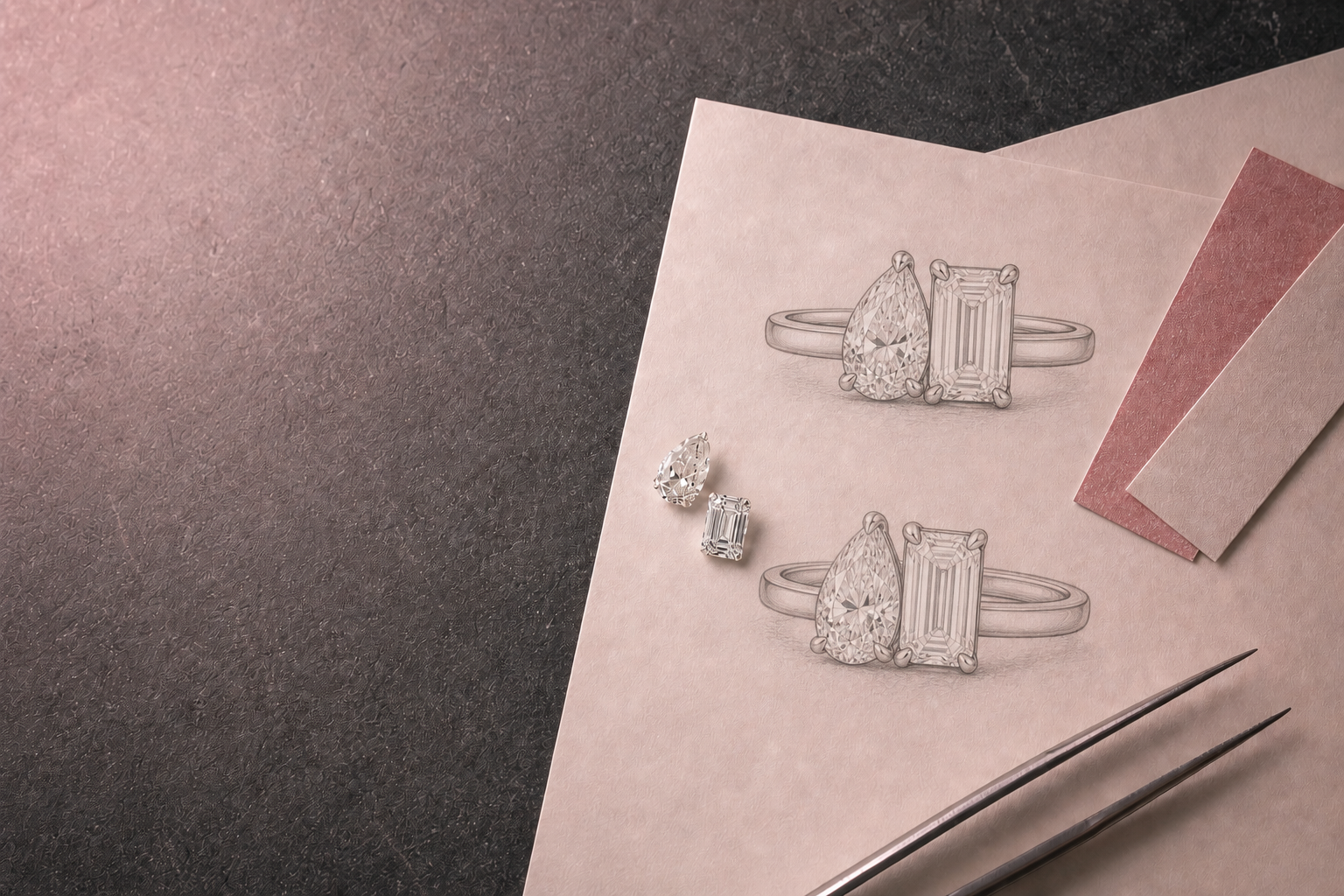 Loose pear and emerald cut diamonds beside classic upright Toi et Moi ring proportion sketches