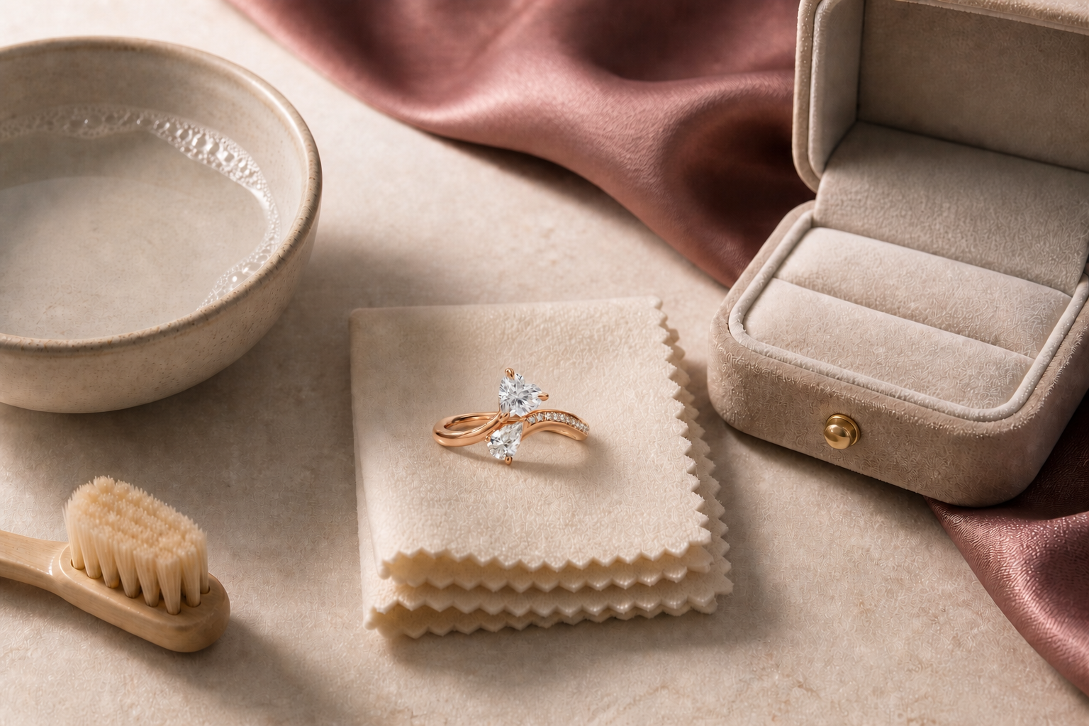 Rose-gold heart-cut and pear-cut diamond Toi et Moi ring beside a soft brush, cleaning cloth, lukewarm water and jewelry box