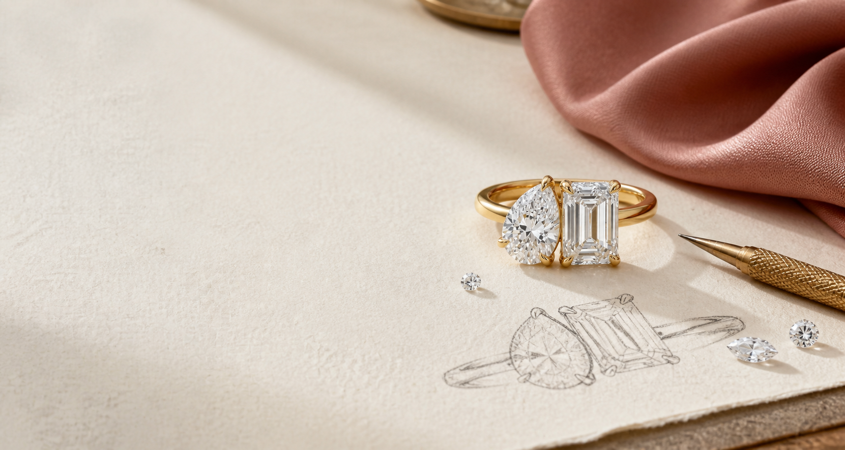 Lia Fáil pear and emerald-cut diamond Toi et Moi ring beside an atelier sketch and terracotta-rose silk